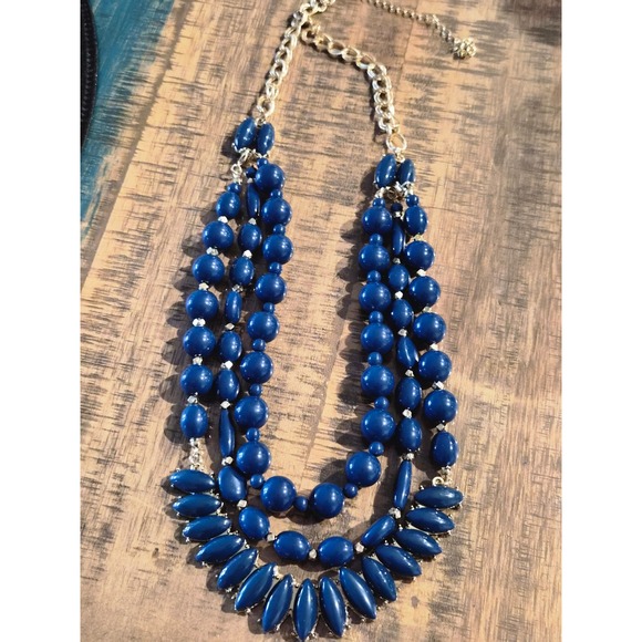 Premier Designs Jewelry - Cobalt Blue Triple Strand Bead Statement Bib Necklace Gold Tone